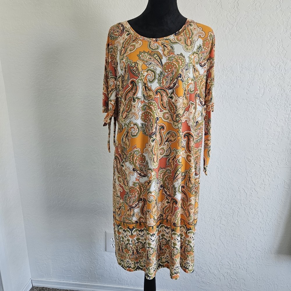 NWT TACERA SZ XL PULLOVER PAISLEY PRINT DRESS ORANGE GREEN WHITE Fall Party